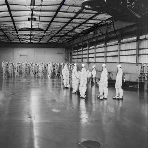 Image similar to spooky alien ship inside a hanger, old photo, vintage photo, grainy, realistic, real photo, men in hazmat suits standing around