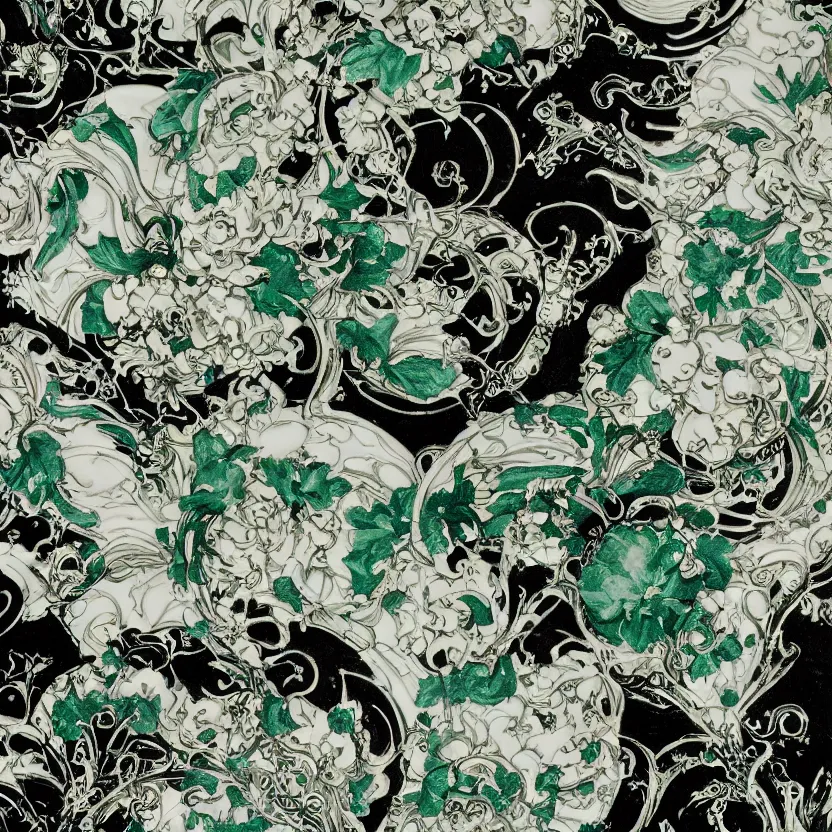 Prompt: a dark baroque close - up portrait of an ornate green and white floral porcelain being made out of white sci - fi vitrified translucent ceramic marble ; china. reflective detailed textures. gloomy black background. highly detailed fantasy science fiction painting by moebius, norman rockwell, frank frazetta, and syd mead. rich colors, high contrast. artstation