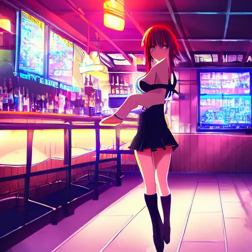 Image similar to Cinematography, anime girl in a bar, cyberpunk city