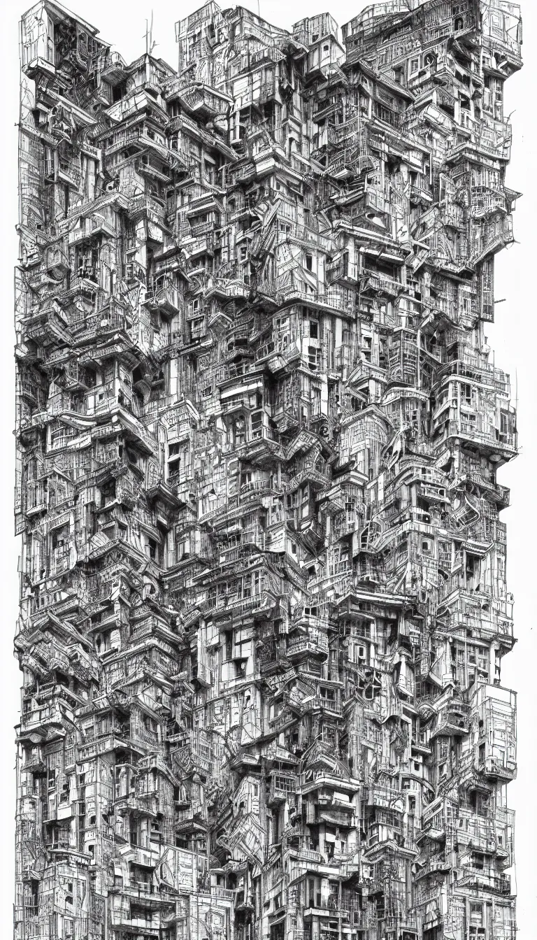 Image similar to a black and white drawing of a building, a detailed mixed media collage by hiroki tsukuda and eduardo paolozzi, intricate linework, sketchbook drawing, street art, polycount, deconstructivism, matte drawing, academic art, constructivism