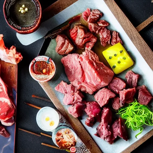 Prompt: d20 made of meat, dnd, dice, die, steak, beef, oily, glisten, juicy, gaming, in the style of food photography, food stylist, japanese restaurant menu picture,