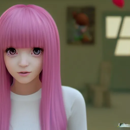 Prompt: Portrait of Nikki from Shining Nikki and Love, a cute 3d cgi toon young woman with long light pink hair, full bangs, hazel eyes, full face, light makeup, pale skin, Chinese heritage, cute outfit, medium shot, mid-shot, soft focus, 4k, trending on artstation, as a Pixar character