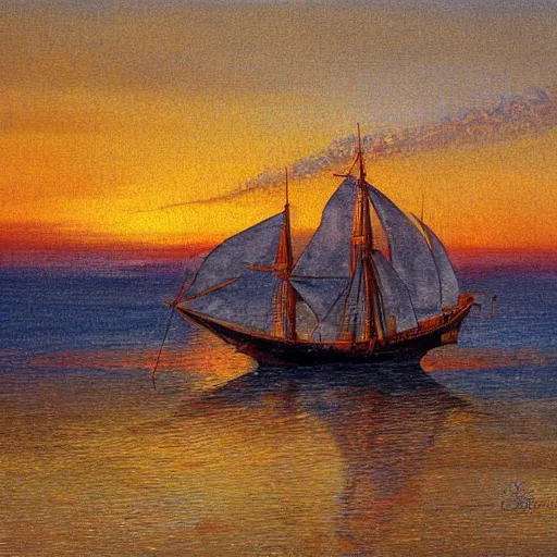 Image similar to medieval ship on the sea, sunset, painting style claude gellee