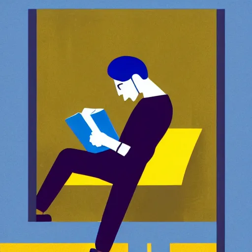 Prompt: a beautiful illustration of a man reading a book in coffee shop corner. blue and yellow color scheme. by tomhaugomat