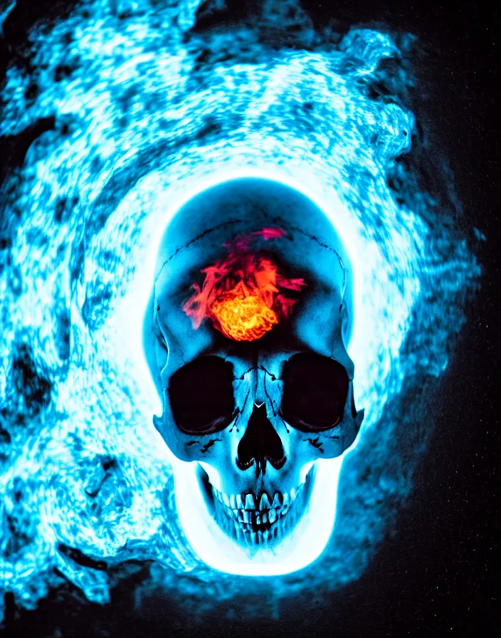 Image similar to photography of a skull with a blue flaming eye in the left orbit