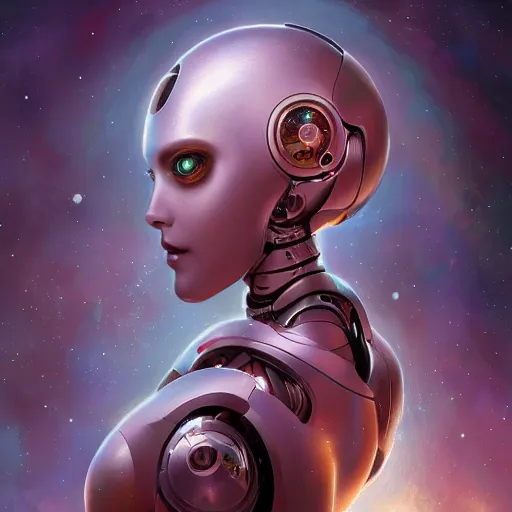 Image similar to a female robot AI painting beautiful cosmic art on a canvas, by artgerm and wlop and scott fischer and seb mckinnon, digital art, highly detailed, wide shot, intricate, fantasy, mystical, sharp focus, Trending on Artstation HQ, deviantart, unreal engine 5, 4K UHD image