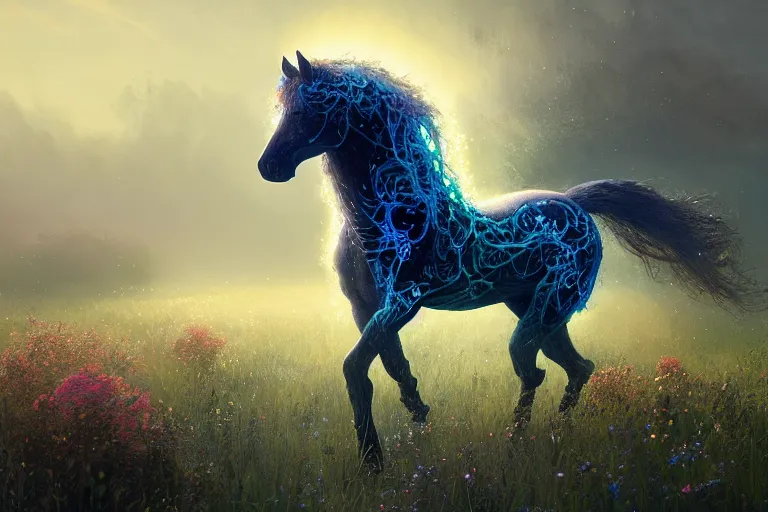 Image similar to a stunning horse with a mane of bioluminescent vines and flowers running through a meadow by greg rutkowski, high key lighting, volumetric light, digital art, highly detailed, fine detail, intricate, ornate, complex, octane render, unreal engine, photorealistic