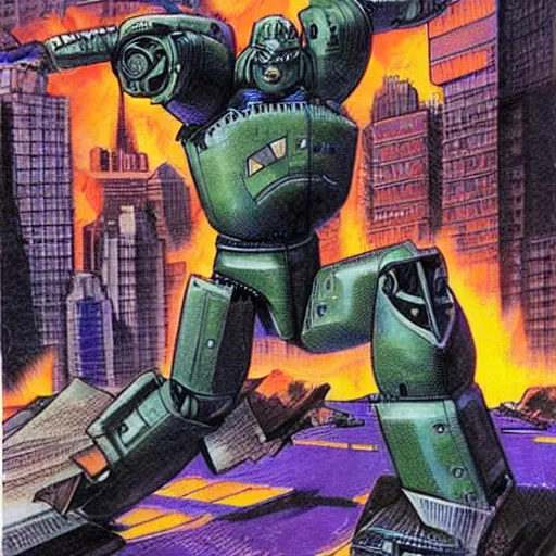 Image similar to 2 giant robots fighting together in big city, fire, destruction, art by Richard Corben