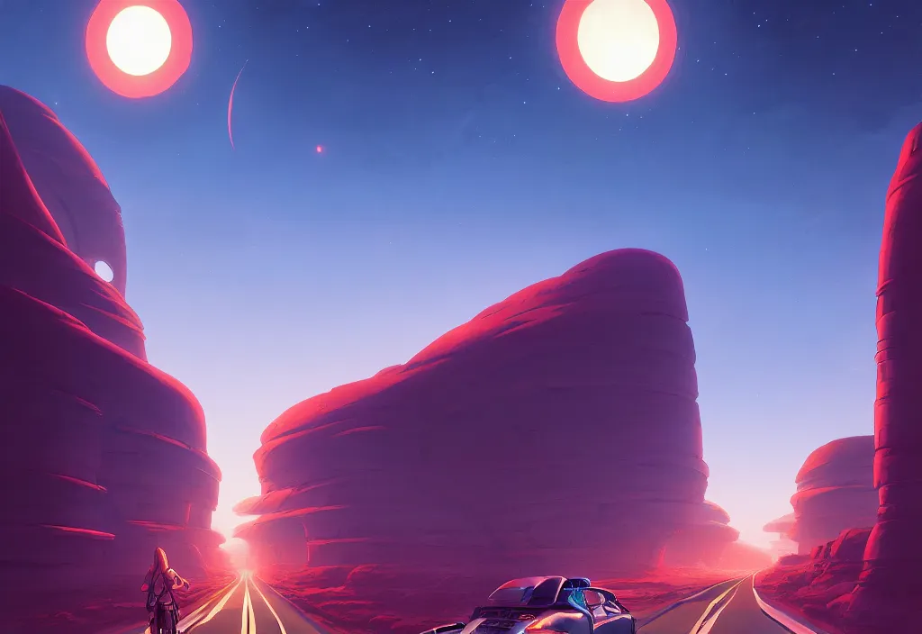 Prompt: futuristic road on an arid planet at night, intricate oil painting, high detail illustration, sharp high detail, manga and anime 1 9 9 9, official fanart behance hd artstation by jesper ejsing and makoto shinkai, 4 k,