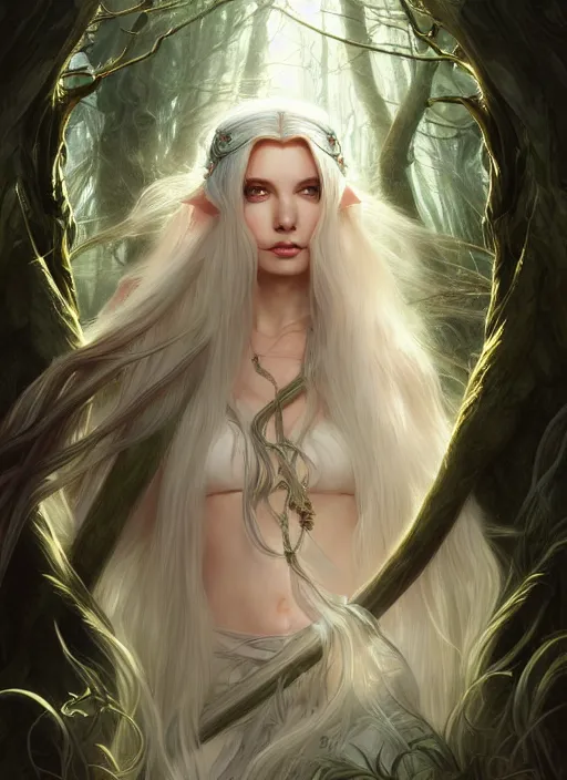 Prompt: portrait of a fantasy elf female sorceress queen with long white hair flowing wind in an ancient forest filled with magic, highly detailed, digital painting, artstation, smooth, sharp focus, detailed face, illustration, art by artgerm and greg rutkowski and alphonse mucha