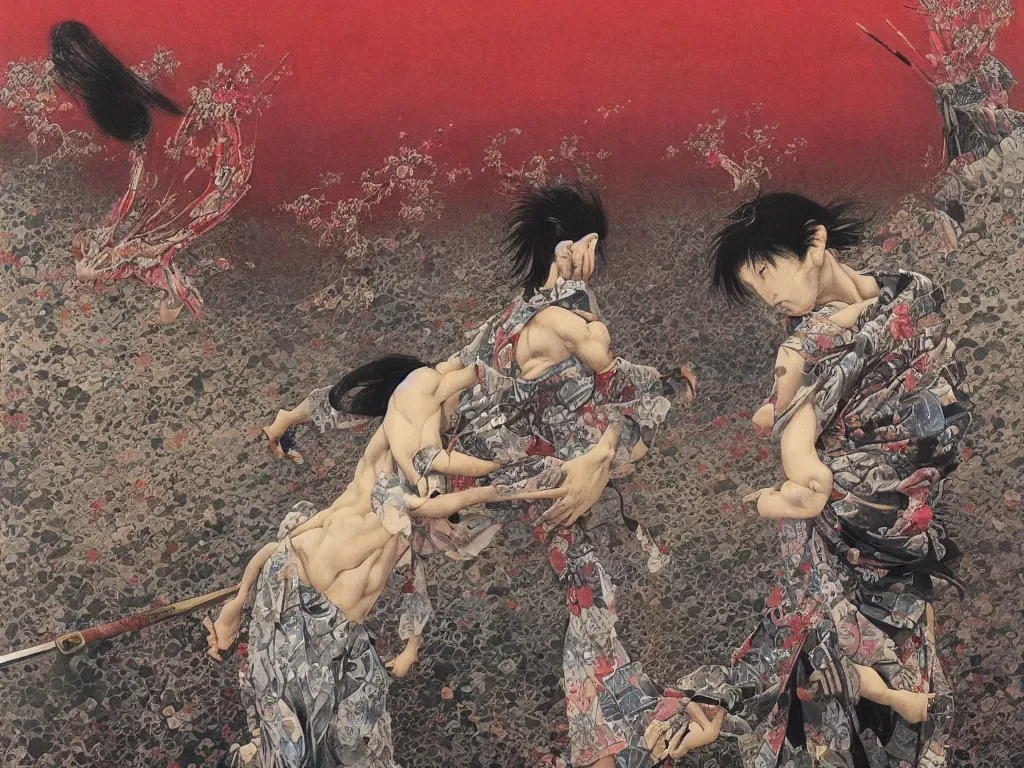 Prompt: Japanese schoolgirl runs away from Samurai with a katana on the subway, high detailed Beksinski painting, part by Adrian Ghenie and Gerhard Richter. art by Takato Yamamoto. deep colours