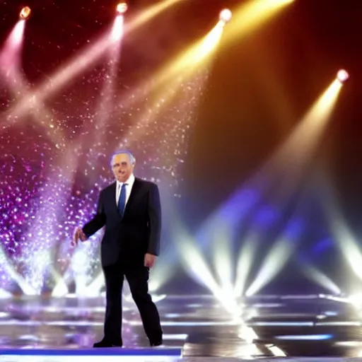Image similar to benjamin netanyahu singing in the eurovision, stage lighting, sharp