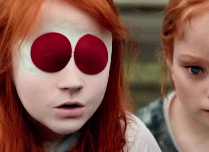 Image similar to a young red - haired girl with an eyepatch scaring little childrens, 4 k, dolby vision