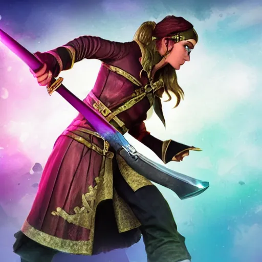 Image similar to a swashbuckling pirate with iridescent!!!! skin!!!!!, she is holding melee weapons