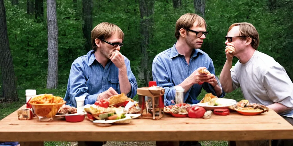 Image similar to photo of jeffrey dahmer and hannibal lecter eating lunch at a picnic table, highly detailed, 4 k