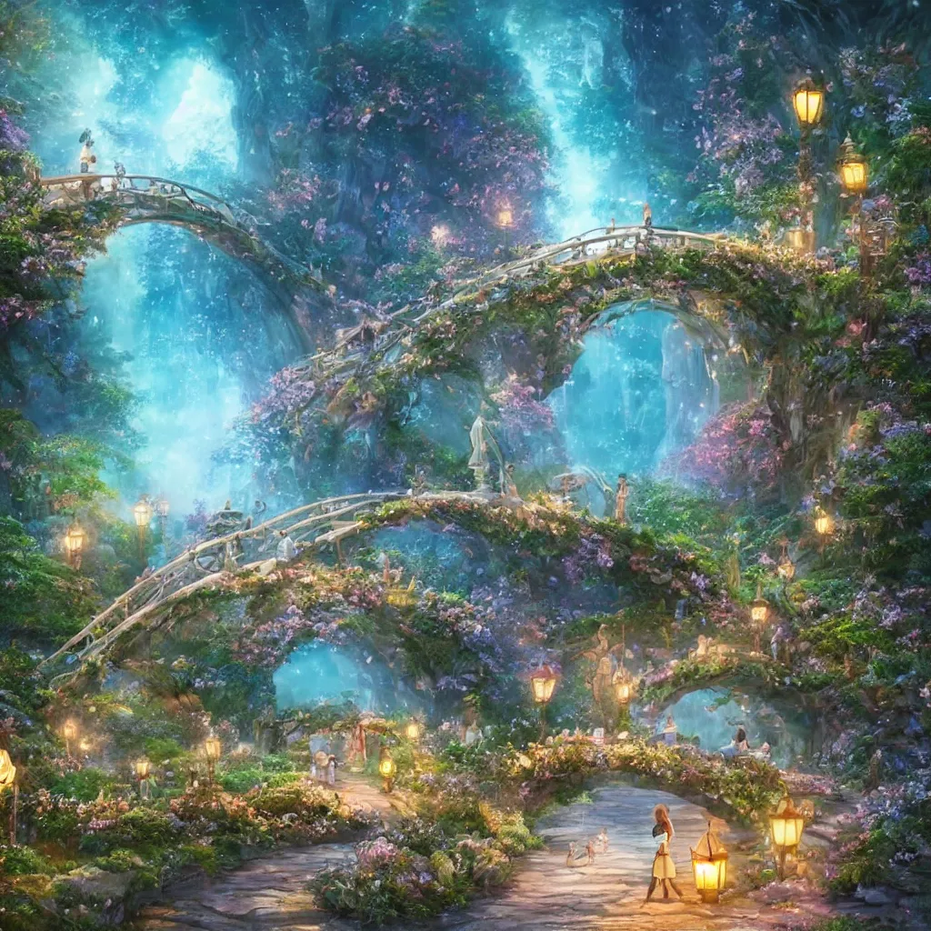 Prompt: fairyland bridge, outside of time and space, dreamy, romantic, night lighting, gorgeous lighting, dramatic cinematic lighting, intricate, highly detailed, in the style of studio ghibli, 8 k