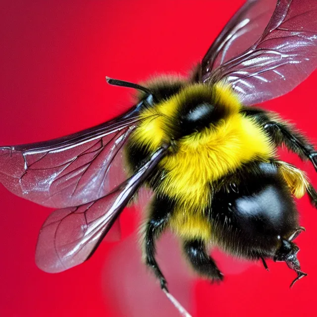 Image similar to bumble bee, red background, flying, 4 k