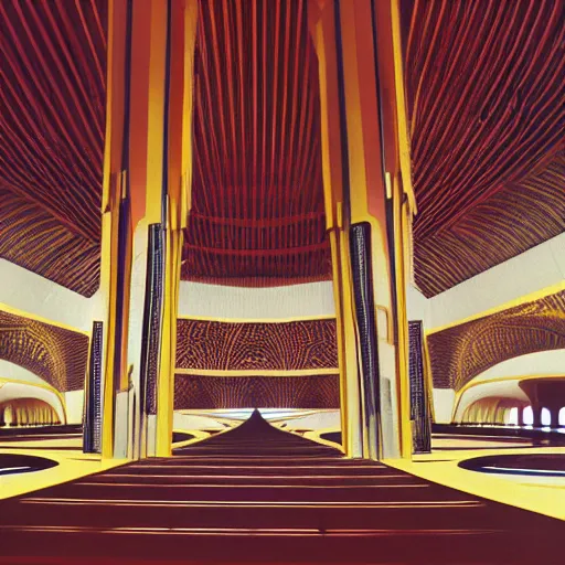 Prompt: interior of a futuristic lotus mosque cathedral with gold, red and white marble panels, in the desert, by buckminster fuller and syd mead, intricate contemporary architecture, photo journalism, photography, cinematic, national geographic photoshoot