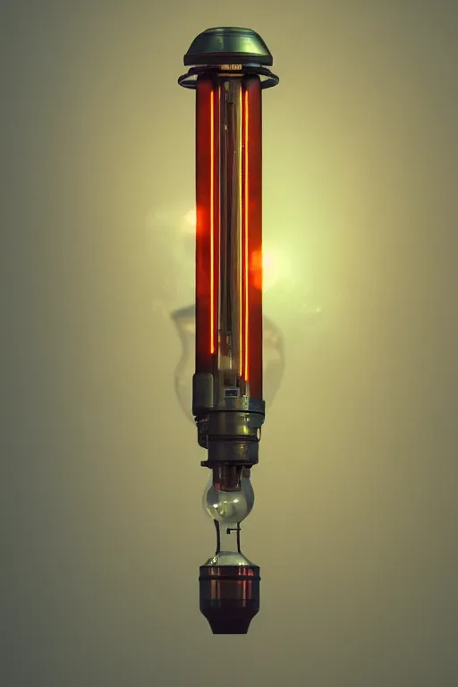 Image similar to Product shot of a glowing electron Vacuum tube by Craig mullins, volumetric light, artstation, , octane render, high contrast, rich deep lighting, redshift render,