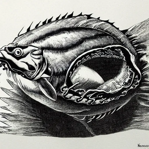 Image similar to a giant 3 eyed carp by kentaro miura