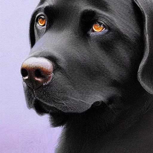 Prompt: portrait of a black labrador retriever watching the sunrise, blue eyes, intricate, elegant, highly detailed, digital painting, artstation, concept art, smooth, sharp focus, illustration, art by artgerm and greg rutkowski and alphonse mucha