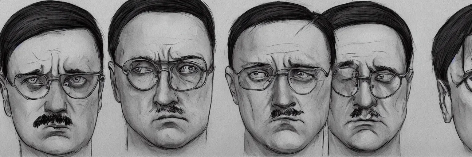 Prompt: character face study of scared mike patton and adolf hitler, clear, evil, glasses, frightened, character sheet, fine details, concept design, contrast, kim jung gi, da vinci and pixar, trending on artstation, 8 k, 3 6 0 head, turnaround, front view, back view, ultra wide angle