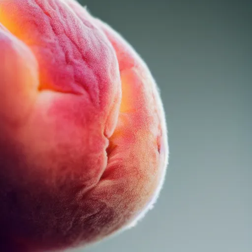 Prompt: a macro photo of a peach's dry hairy skin, form resembling female bum, hyper realistic, hyper detailed, 35mm, very grainy film, pink volumetric studio lighting, bokeh, black background award winning shot, vogue magazine, cinematic, 8k, very closeup, elegant, tender, pastel