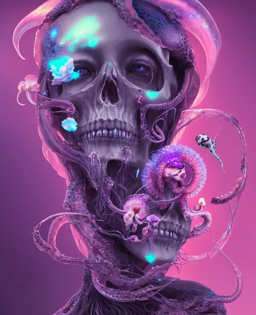 Image similar to goddess close - up portrait human skull, ram skull, squid phoenix jellyfish, orchid, betta fish, bioluminiscent, intricate artwork by tooth wu and wlop and beeple. octane render, trending on artstation, greg rutkowski very coherent symmetrical artwork. cinematic, hyper realism, high detail, octane render, 8 k