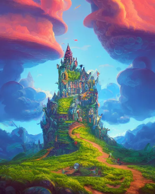 Image similar to flying cloud castle, mushroom buildings, illustration, bright, blue sky, mountains, colorful, cinematic lighting, fantasy, high detail, masterpiece, artstation, 4 k, art by wylie beckert