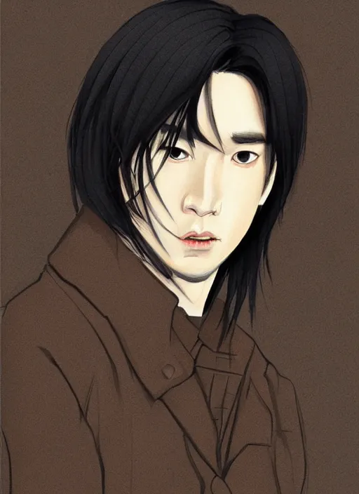 Prompt: portrait illustration by yoji shinakawa, handsome male vampire, focus on face, pretty, long black hair, dark blue shirt, light brown coat