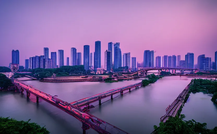 Prompt: a photo of wuhan, river, bridge, sunset, purple sky, cinematic, 8 k, highly - detailed