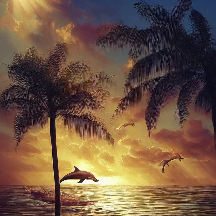 Image similar to dolphin swimming, golden hour, god rays, by artgerm and ismail inceoglu and greg olsen, palm trees, masterpiece, beautiful, intricate, elegant, highly detailed