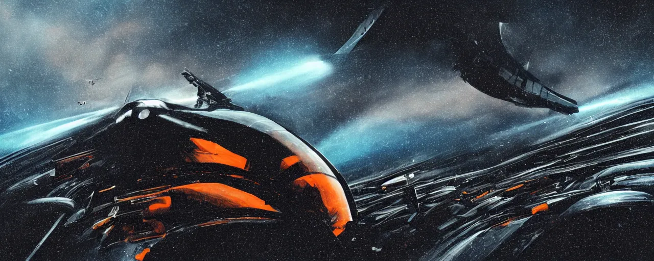 Prompt: a stunning view from the cockpit, dark black insanely detailed and melting spaceship preparing to descent to unknown land with sharp spikes and weird shells, blank ink tornadoes and giants arms, rainy, glossy reflections, blue and orange rim lights, photorealistic, dust particles, inspired by Interstellar, glints, lens flares