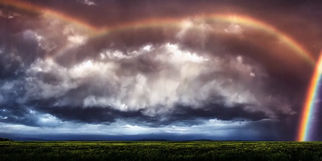 Prompt: detailed fields nature, super storm, faint rainbow, impressive, atmospheric, god rays, cinematic, deep colors, very high complexity, stunning, masterpiece, 3 5 mm, very detailed. 4 k