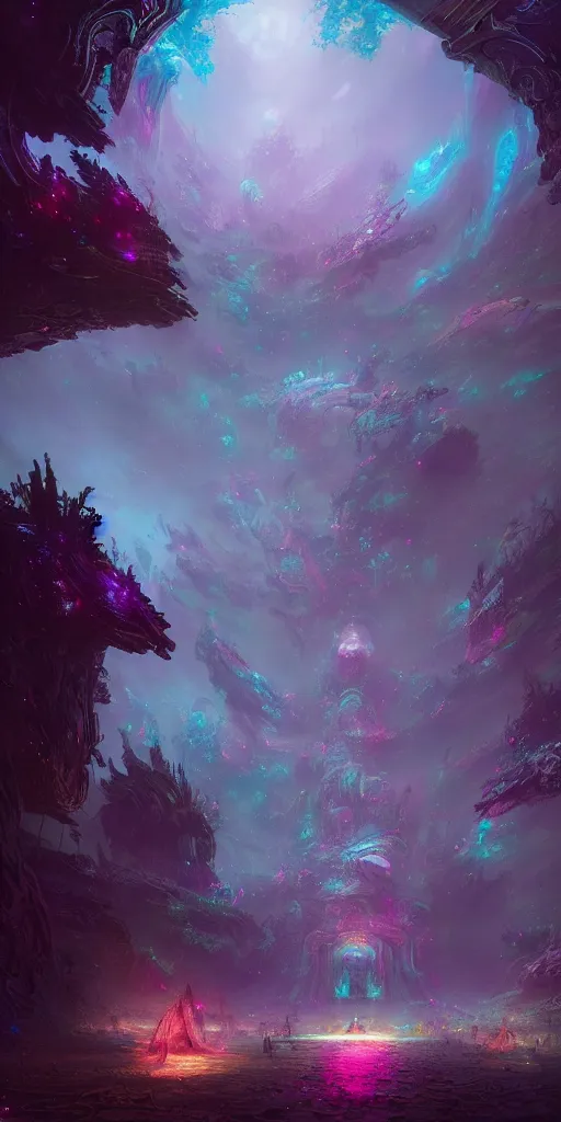 Image similar to a psychedelic realm hidden away in a pocket of ethereal understanding, astral and alien city, in the style of greg rutkowski, and wlop, and lisa frank, and bob ross, and ruan jia, illustration, epic, fantasy, hyper detailed, smooth, unreal engine, sharp focus, ray tracing