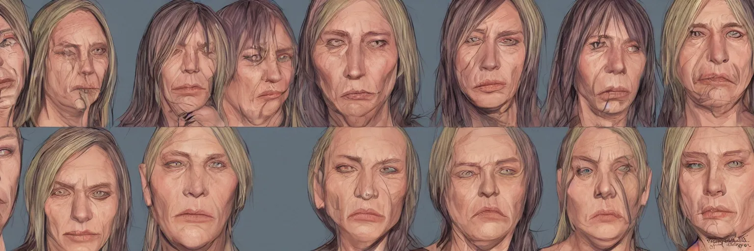 Image similar to colored pencils female character face study of iggy pop, fat woman, 5 5 yo, clear female iggy pop faces, emotional, character sheet, fine details, concept design, contrast, kim jung gi, pixar and da vinci, trending on artstation, 8 k, 3 6 0 head, turnaround, front view, back view, ultra wide angle