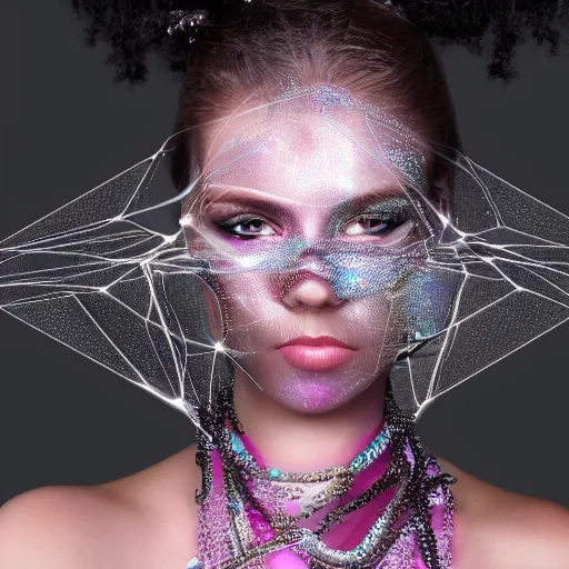 Prompt: portrait of a beautiful futuristic woman layered with high-tech jewelry wrapping around her face and head, silver-magenta light