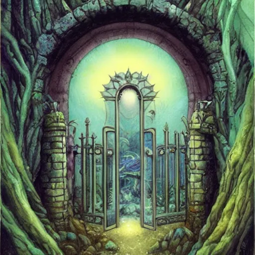 Image similar to gate portal with another world visible inside style studio ghibli and Gerald Brom, faeries flyng, dreamy, mystical, dark