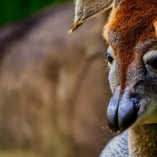 Image similar to a close up photograph of anthropomorphic samurai Kangaroo, Jungle Background, 40mm lens, focused