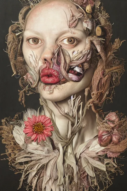 Prompt: Detailed maximalist portrait with large lips and eyes, scared expression, botanical anatomy, HD mixed media, 3D collage, highly detailed and intricate, surreal, in the style of Jenny Saville, dark art, baroque, centred in image, rendered in octane