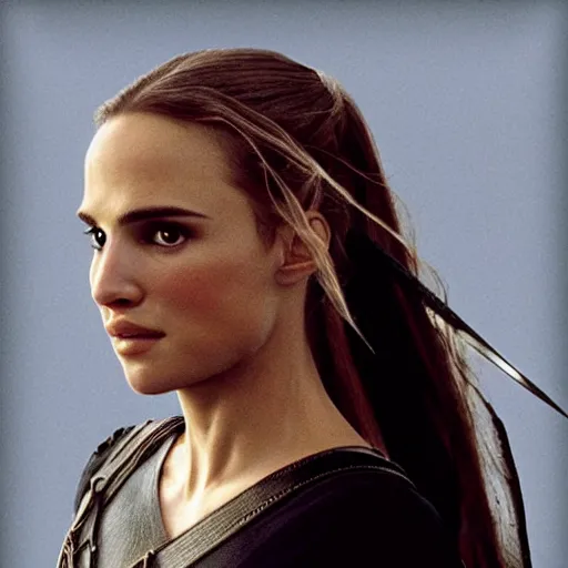 Prompt: a still from “ lord of the rings ” of a head and shoulders portrait of natalie portman as a magical paladin, photo by phil noto