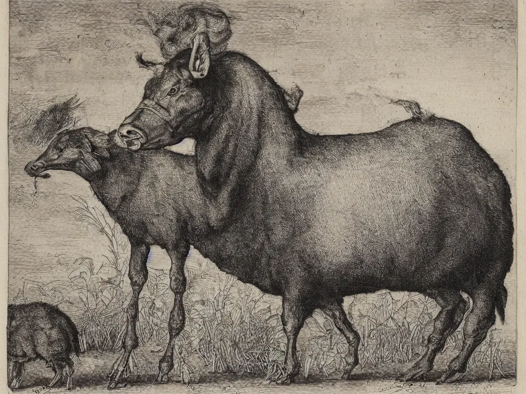 Image similar to portrait of a veal at the slaughterhouse. copper engraving by albrecht durer, walton ford