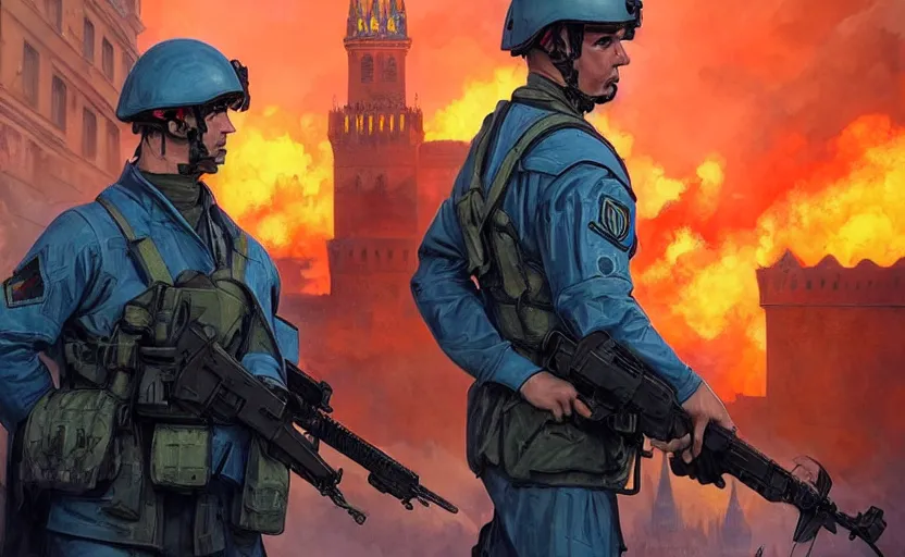 Image similar to special forces soldier with ukrainian blue and yellow shoulder patch watches red square kremlin burn in the background, d & d, fantasy, bright atmosphere, volumetric lights, intricate, elegant, extremely detailed, digital painting, artstation, concept art, matte, smooth, sharp focus, hyper realistic, illustration, art by artgerm and greg rutkowski and alphonse mucha