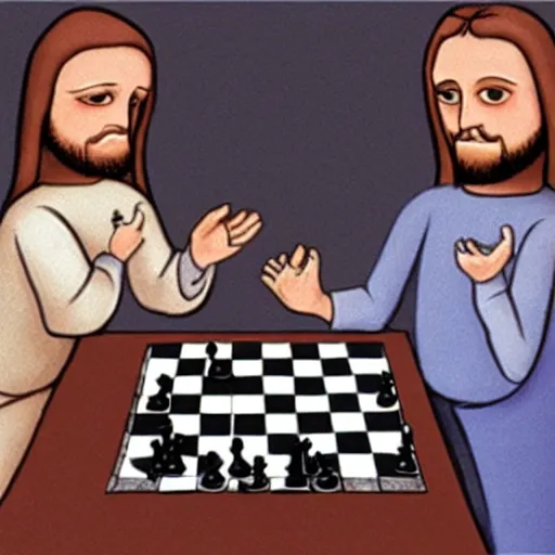 Prompt: the antichrist playing chess with jesus