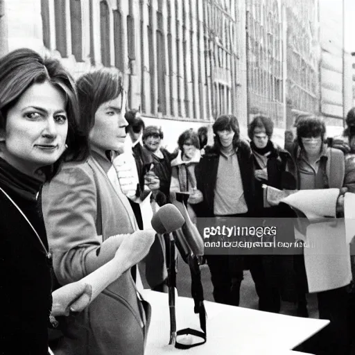 Image similar to French pop star Daphne LaCroix argues in favor of worker's rights with German New-Trad Intellectuals in Berlin, March, 1978