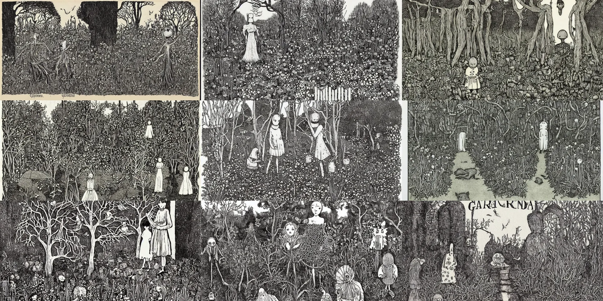 Prompt: creepy garden by edward gorey. book cover