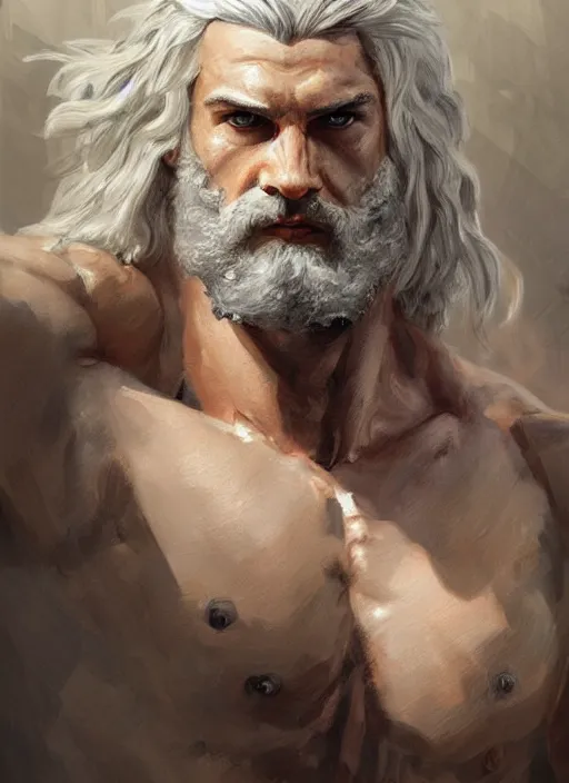 Image similar to painted portrait of rugged zeus, greek god, white hair, masculine, mature, handsome, upper body, muscular, hairy torso, fantasy, intricate, elegant, highly detailed, digital painting, artstation, concept art, smooth, sharp focus, illustration, art by gaston bussiere