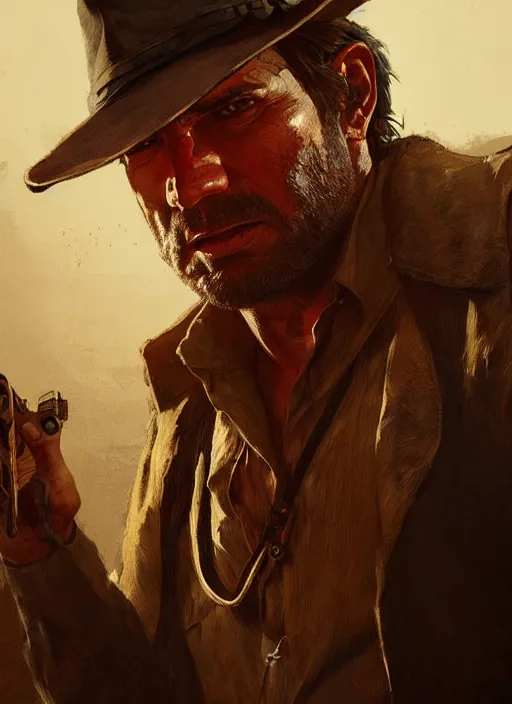 Image similar to highly detailed portrait of indiana jones red dead redemption art, unreal engine, fantasy art by greg rutkowski