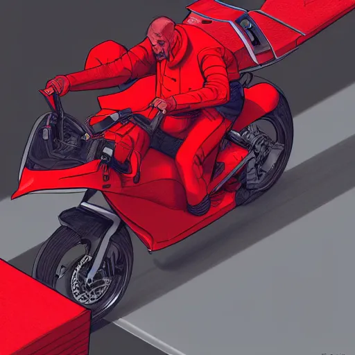 Image similar to isometric view of a man with a red jacket from behind. a red futuristic racing motorbike in front of the man. pencil drawing, panoramic view, wide angle, photo realistic, hyper realistic, dynamic lighting, cyberpunk, ultra detailed, sharp focus, digital illustration, concept art trending on artstation