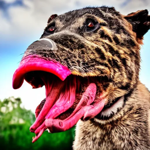 Image similar to animal tongue licking the camera lens cinematic 3 5 mm hdr